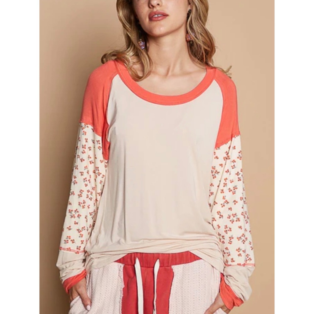 POL Jersey Knit Raglan Top Small Tan Red Floral Mixed Media Boho Patchwork Tee